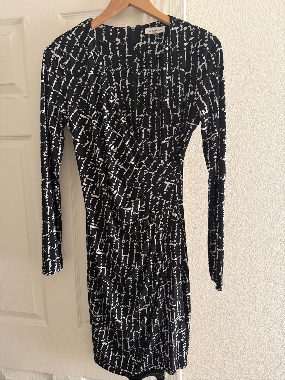 Calvin Klein Black & White Long-Sleeve Wrap-Style Dress